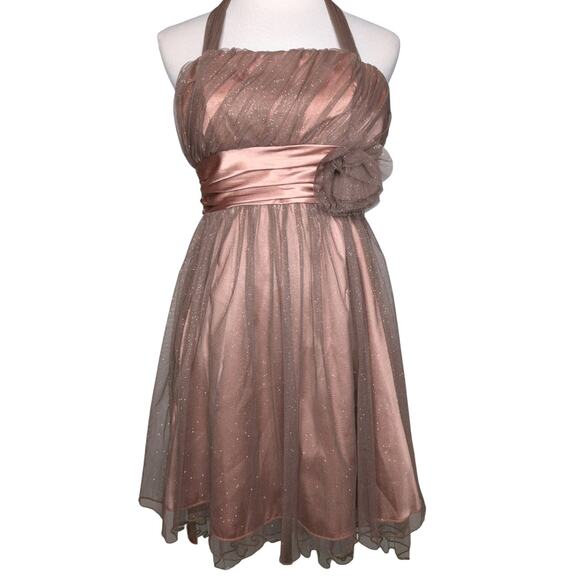 Y2K Fairycore Tulle Satin Blush Glittery Rosette Whimsical Babydoll Mini Dress 5 - Picture 1 of 8